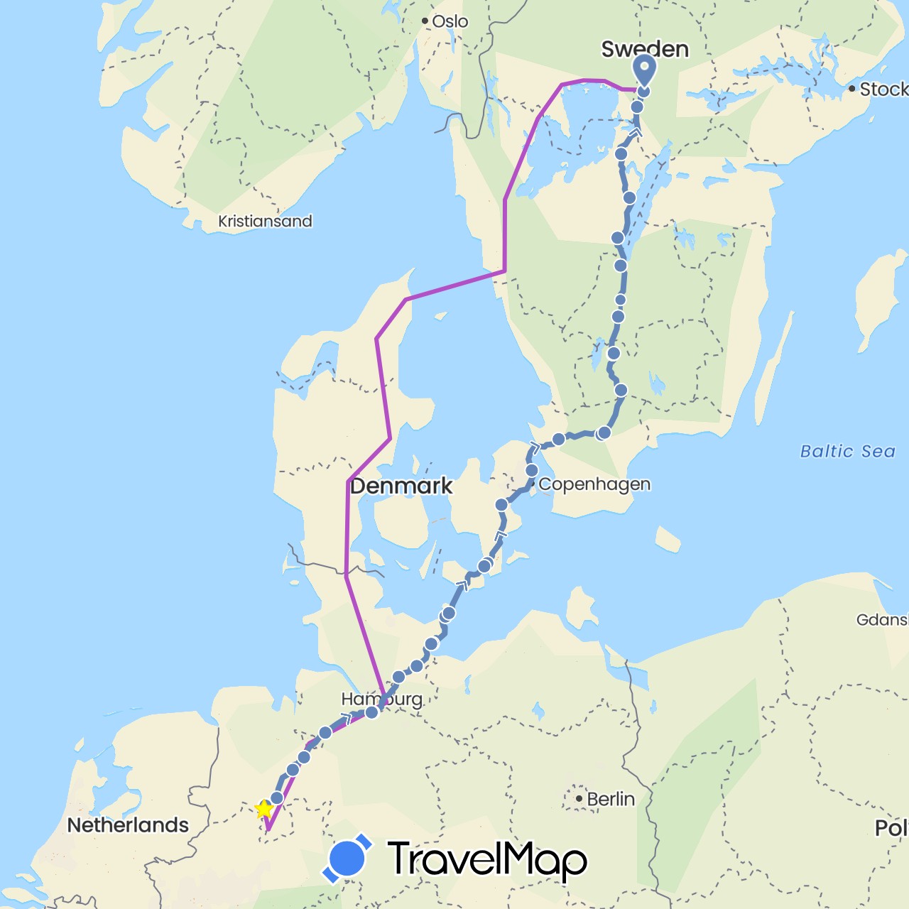 TravelMap itinerary: driving, cycling, train in Germany, Denmark, Sweden (Europe)